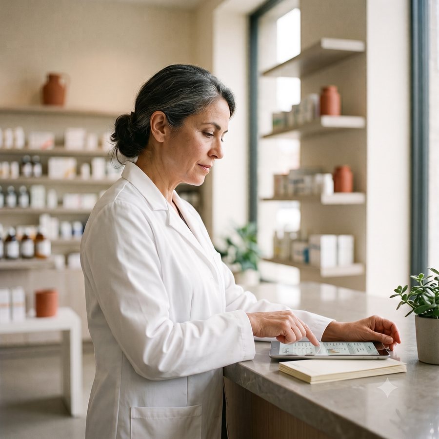 Química farmacéutica revisando una receta electrónica en tablet
