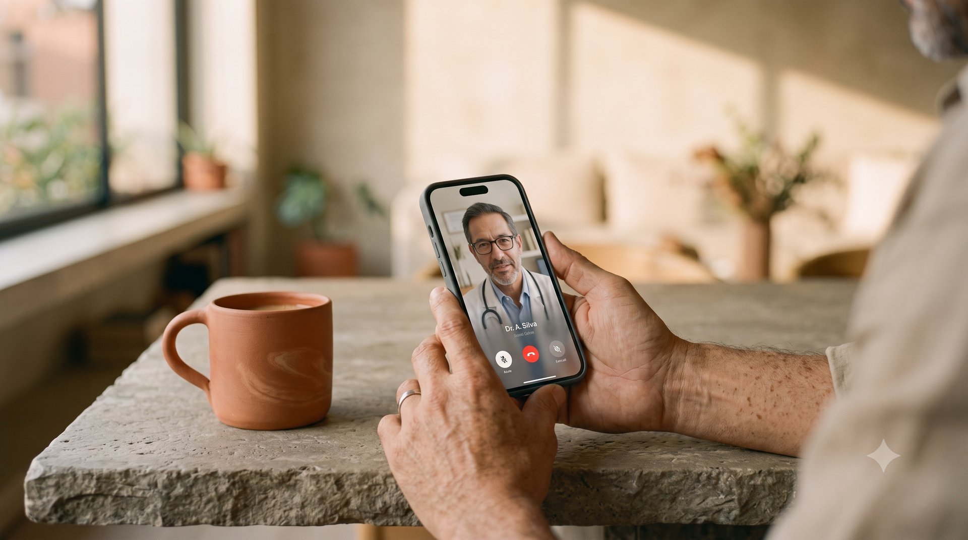 Manos sosteniendo un teléfono durante una teleconsulta con un médico en pantalla