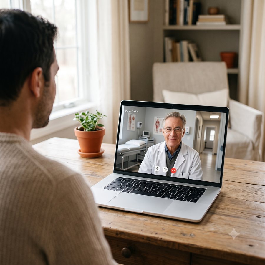 Paciente en teleconsulta con un médico desde su casa